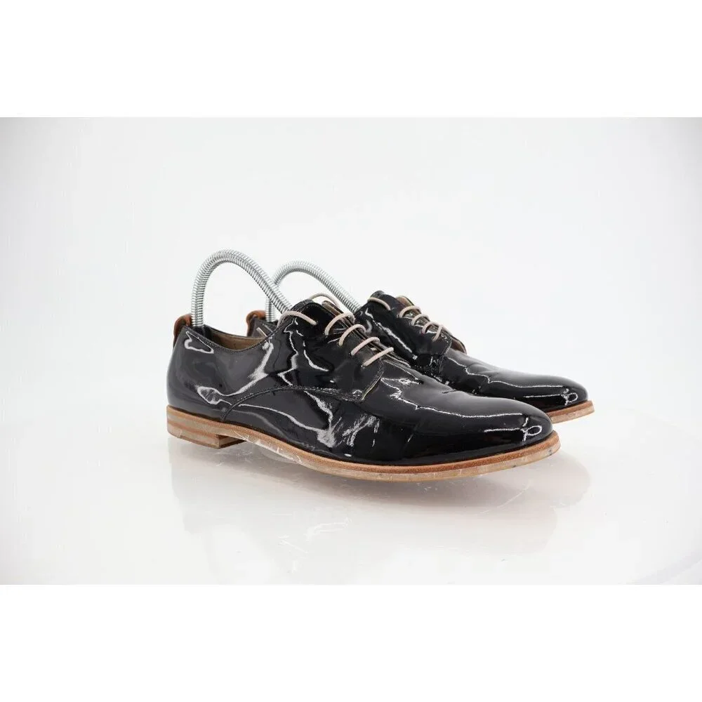 AGL Italy Women's Loafer Size 39.5 9.5 Black Leather Lace Up Loafer Flat Shoes